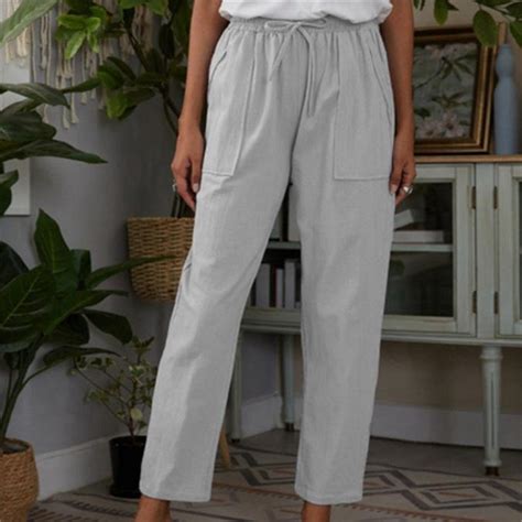 Buy Fashion Womens Cotton Linen Pants Solid Color Pockets Elastic