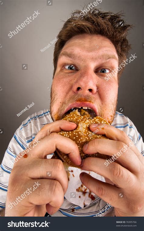 Portrait Expressive Fat Man Chewing Hamburger Stock Photo 76995766