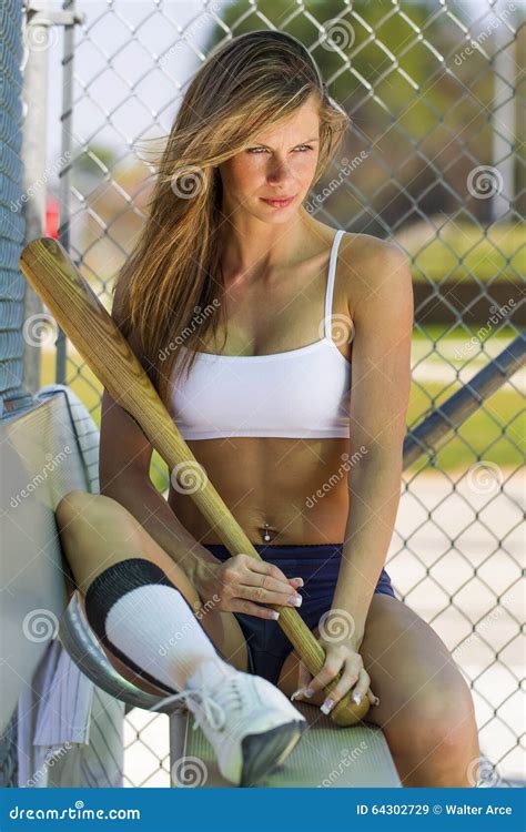Female Athlete In A Baseball Dugout Stock Image Image Of Fiance