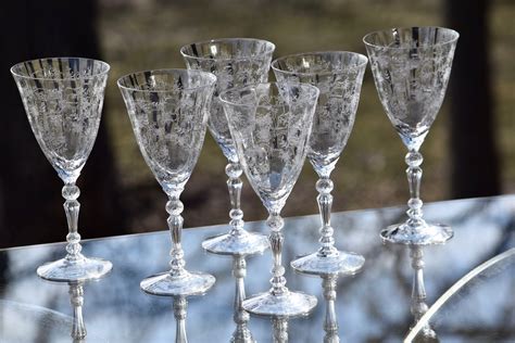 Vintage Needle Etched Crystal Wine Glasses Set Of 2 Fostoria Chintz Circa 1940 Vintage