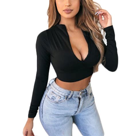 Bagilaanoe Sexy Women S Tight Slim Long Sleeve Tank Vest Fitness U Neck Blouse Crop Tops