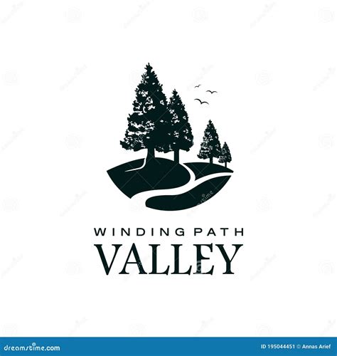 Valley Logo Vector With Black Pine Tree Silhouette Winding Path Stock