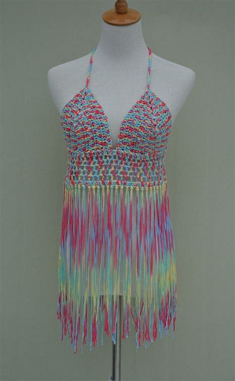 Long Fringe Crochet Bikini Halter Crop Top Tie Dye Etsy