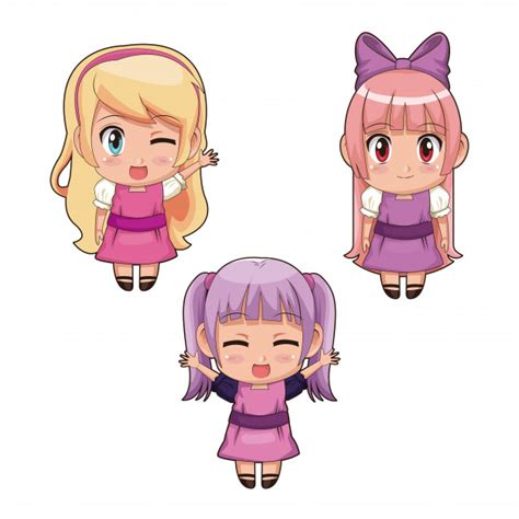 Colorful Set Full Body Cute Anime Girls Facial Expression In Pink And Lilac Dress Vector