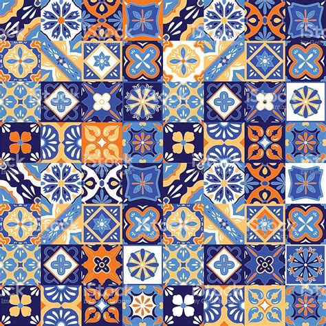 Mexican Stylized Talavera Tiles Seamless Pattern In Blue Orange And