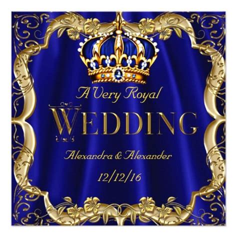 A Royal Blue And Gold Wedding Sign With A Crown On Its Head