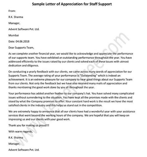 Sample Compliment Letter For Staff Free Letters