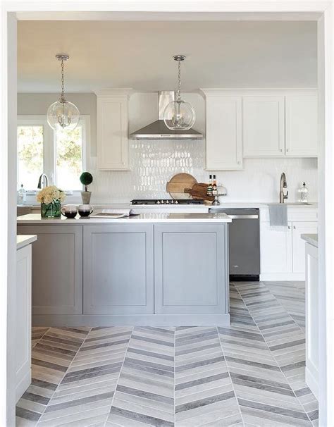 Gray Chevron Pattern Floor Tiles With Gray Island Transitional Kitchen