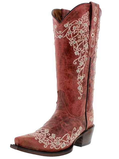 Womens Classic Red Western Leather Cowboy Cowgirl Boots Rhinestones