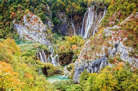 Vivid Waterfall Scenery In Plitvice National Park Stock Image Image