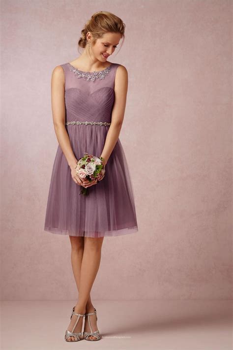 Embroidered Pleated Short Knee Length Mauve Tulle Bridesmaid Dress