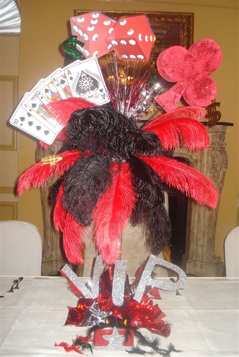 Las Vegas Centerpieces Feathers Playing Cards Dice Sparkle And