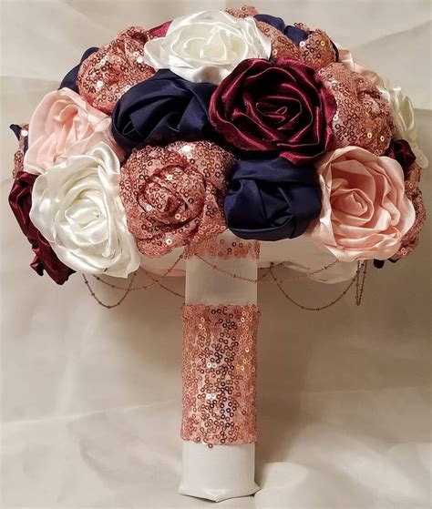 Navy Rosegold Burgundy and Ivory fabric bouquet. Ready to | Etsy