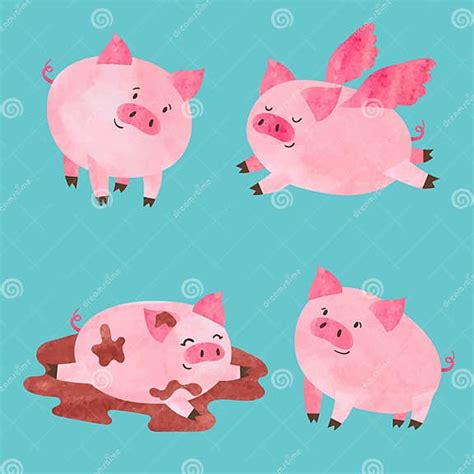 Cute Watercolor Pigs Set Stock Vector Illustration Of Animals 91680296