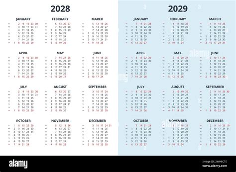 Calendar Template For 2028 2029 Year Wall Calendar Grid In A