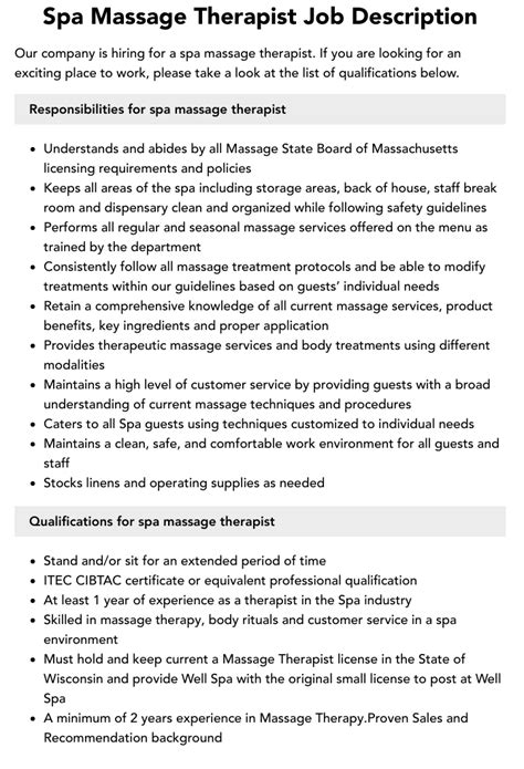 Spa Massage Therapist Job Description Velvet Jobs