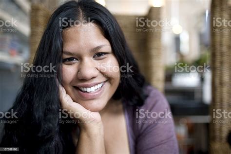 Asian Indian Woman Smiling Portrait Chin In Hands Copy Space Stock