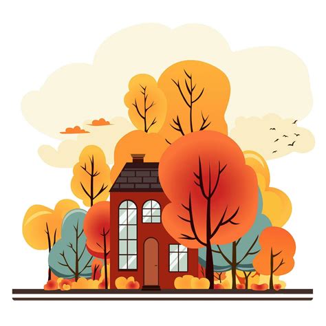 Dark Red Autumn House In Fall Forest Warm Color Cartoon Style