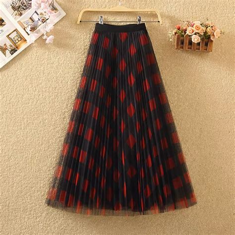 TIGENA Vintage Contrast Plaid Tulle Long Skirt Women 2023 Summer Korean