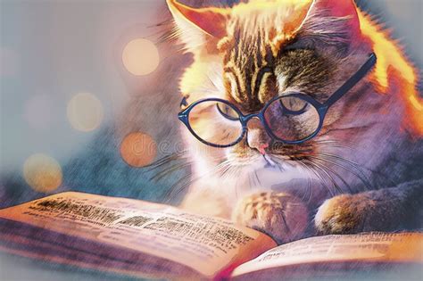 Intelligent Cat In Glasses Reading A Book Illustration Stock