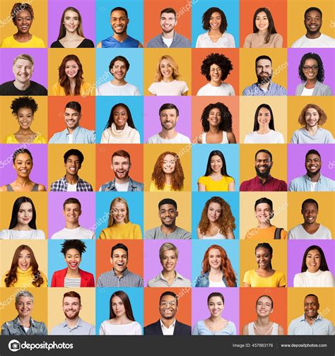 Collage Of Multiracial People Portraits With Faces Over Colorful
