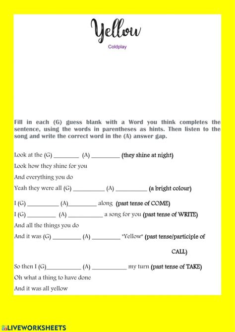 Yellow Coldplay Simple Past Interactive Worksheet English As A