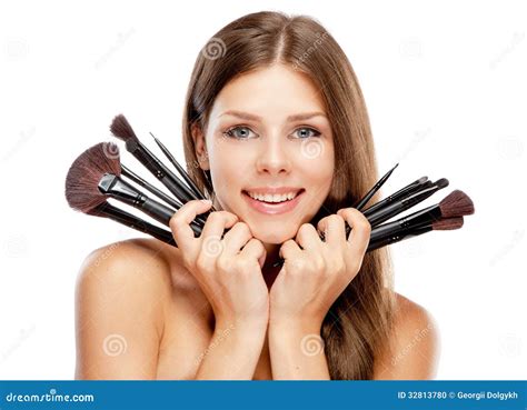 Beautiful Woman Holding Makeup Brushes Stock Photo Image Of Girl