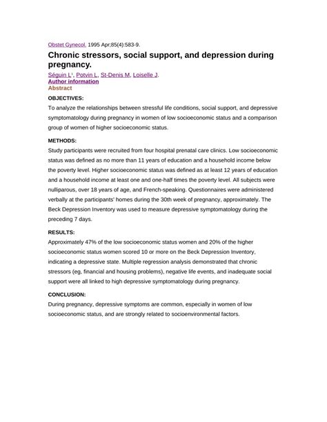Pdf Chronic Stressors Social Support And Depression During Pregnancy