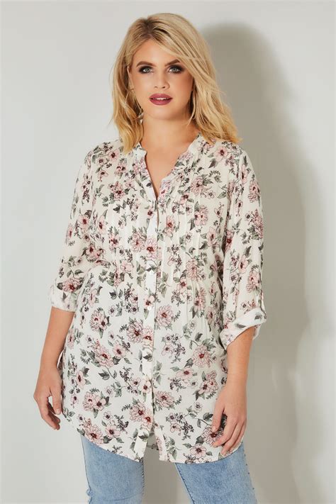 Ivory And Pink Floral Pintuck Longline Blouse With Sequin Detail Plus