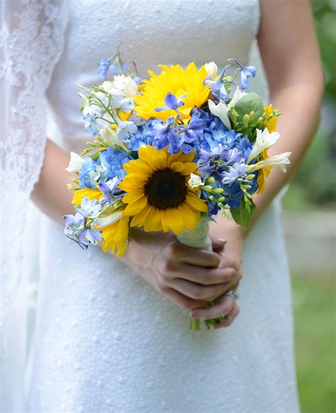 Summery Sunflower And Blue Delphinium Bridal Bouquet Sunflower Bridal