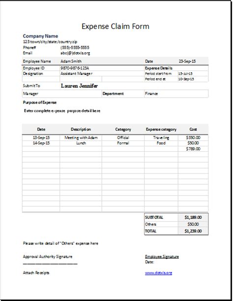 Expense Claim Form Template Word And Excel Templates
