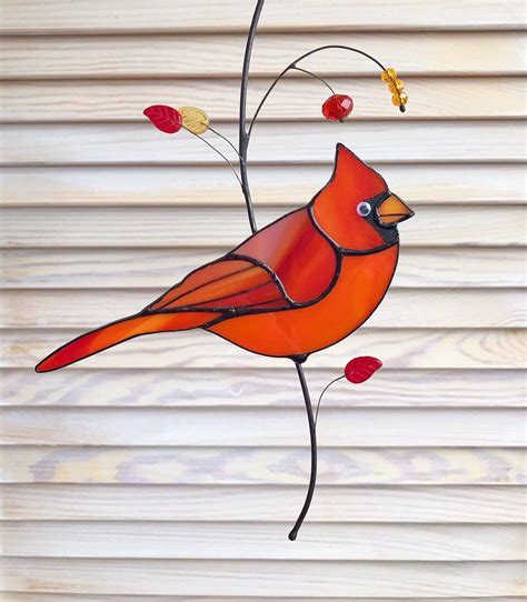 Stained Glass Red Cardinal Suncatcher Stained Glass Bird Lover Etsy Stained Glass Birds