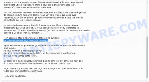 They threaten to distribute the video to your friends and family within hours, unless you pay into their bitcoin account. 1F3cMhphuZsG9PCZ6jYZNmkSidCBGt9quL Bitcoin Email Scam