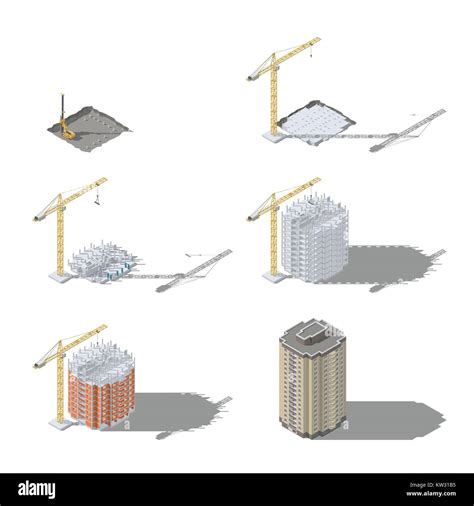 Stages Of Construction Of A High Rise Building Isometric Icon Set