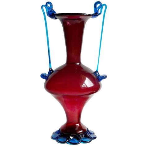 Murano Venetian Red And Blue Ornate Handles Italian Art Glass Flower Vase For Sale At 1stdibs