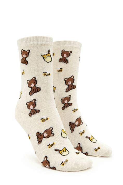 A Pair Of Knit Crew Socks Featuring An Allover Bear And Honey Pot Print And Ribbed Trim Cute