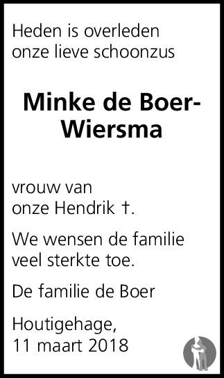 Minke De Boer Wiersma 11 03 2018 Overlijdensbericht En Condoleances