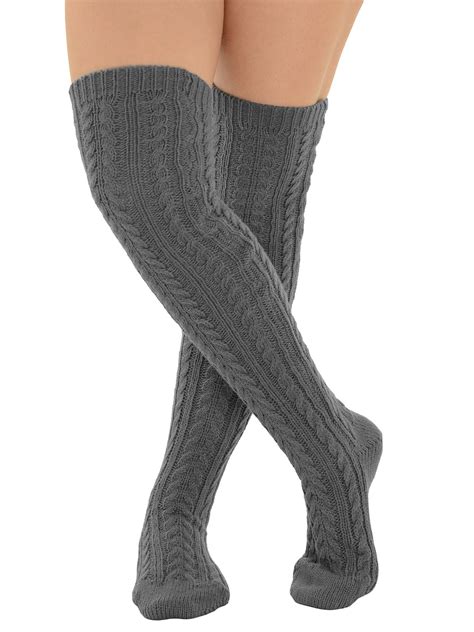 Womens Unique Thick Gray Over Knee Socks Cable Knit Textured Wear Scrunched Over Knee Socks
