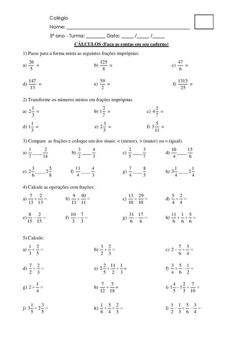 Adição Subtração Multiplicação E Divisão De Frações Exercícios