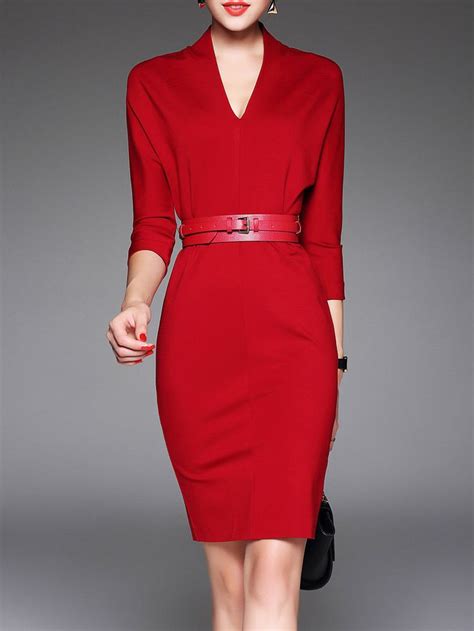 Red Sheath V Neck Plain 34 Sleeve Midi Dress Skinny Dress Dresses