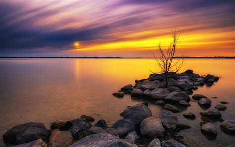 Download Wallpaper 3840x2400 Lake Stones Sunset Water Reflection