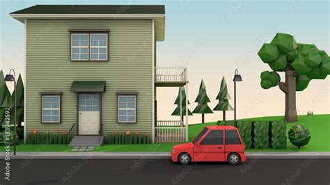 Red Car Parking Front House Cartoon Style 3d Rendering Stock
