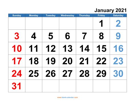 20 January 2021 Calendar Big Numbers Free Download Printable