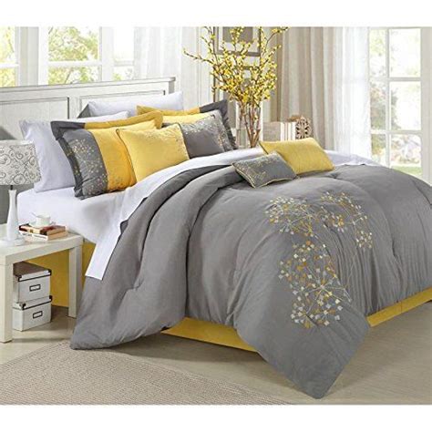 8 Piece Girls Queen Grey Yellow Floral Comforter Set Elegant Embroidery