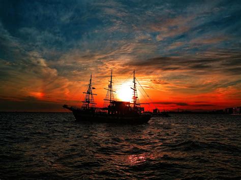 Wallpaper Sailing Ship Sunset Sea Vehicle Silhouette Clouds