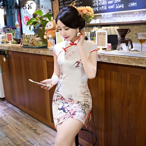 fengmeisi women chinese girl cheongsam short qipao style sexy dress split floral print vintage