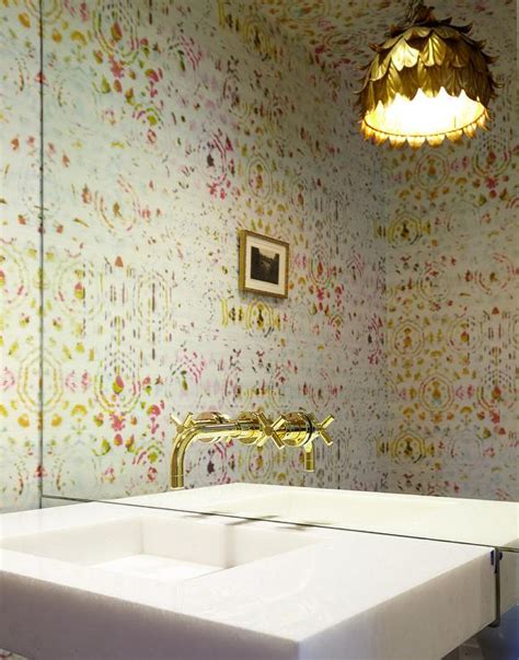 Contemporary Powder Room Features Walls Clad In Pink And Green