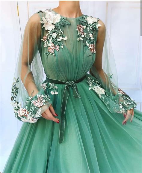 Green Formal Dress With Flowers And Balloon Sleeves Sheer Sleeves