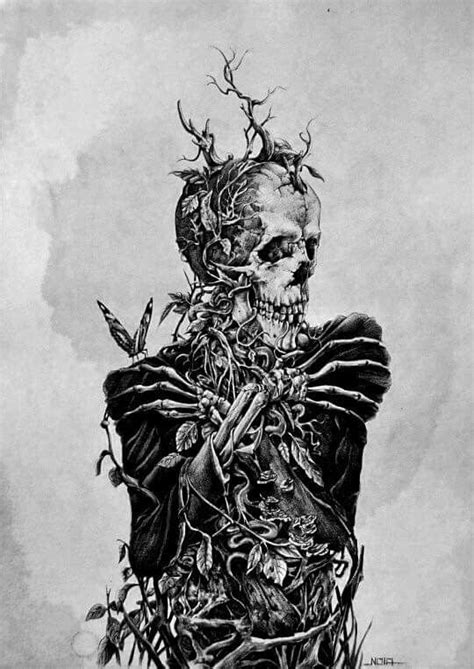 A Black And White Drawing Of A Skeleton With Vines On Its Head Holding A