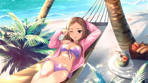 Desktop Wallpaper Kumiko Matsuyama At Beach Bikini Wink Anime Girl Hd Image Picture